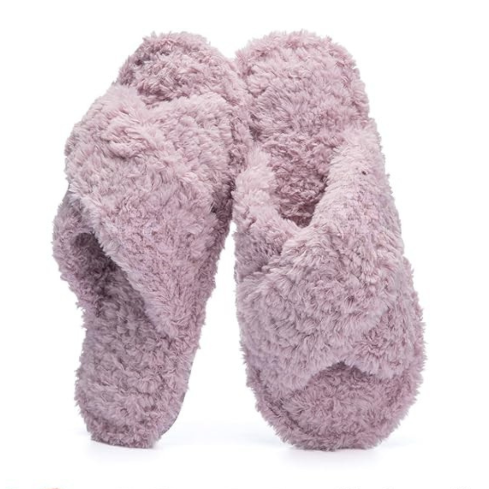 Women Fuzzy Memory Foam Cross Band Cozy Indoor Outdoor Slipper  