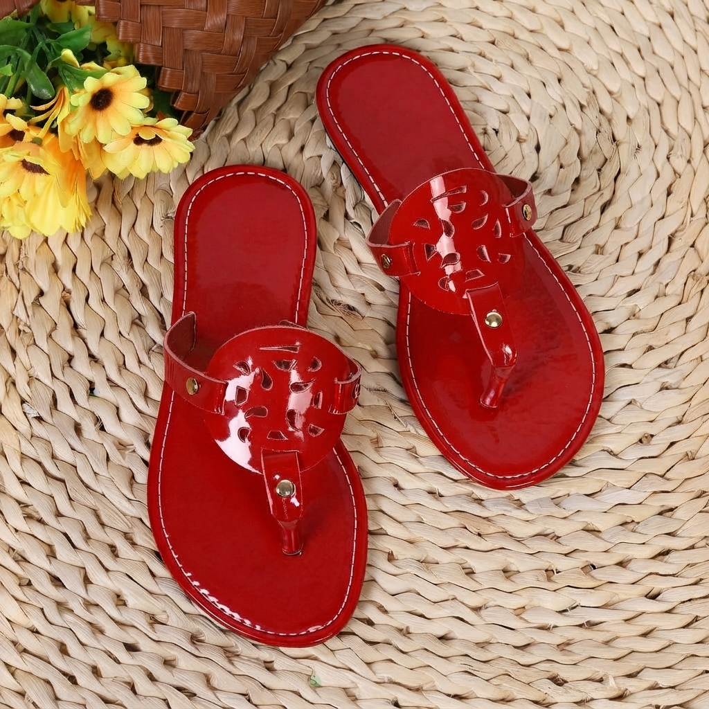Casual Glossy Slip On Flat Flip Flop Sandals With Cutout Circle Accent For Women