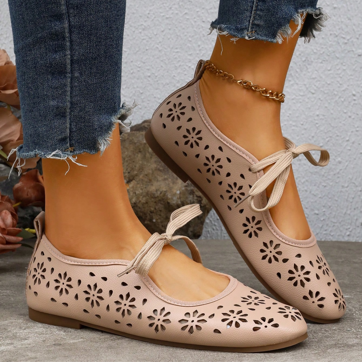 Lace Up Flats With Bow Detail Casual Shoes in White - On-Foot View