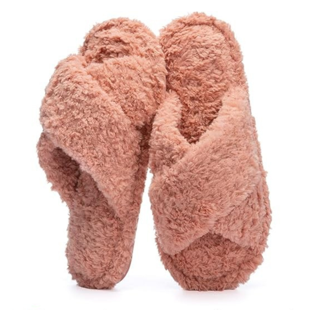Women Fuzzy Memory Foam Cross Band Cozy Indoor Outdoor Slipper  