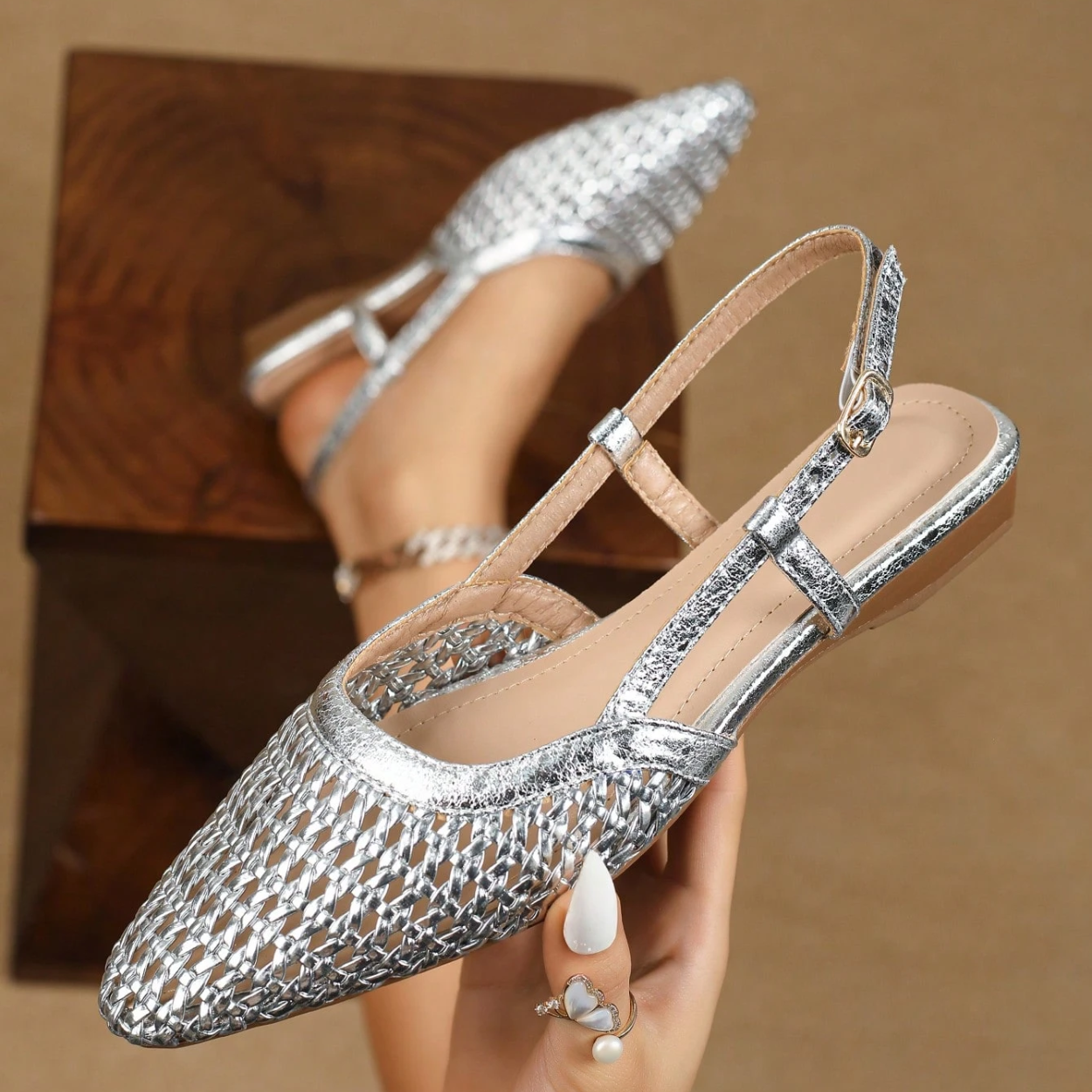 Criss Cross Strap Pointed Toe Low Heel Flats For Women in Light Gray - Left Side