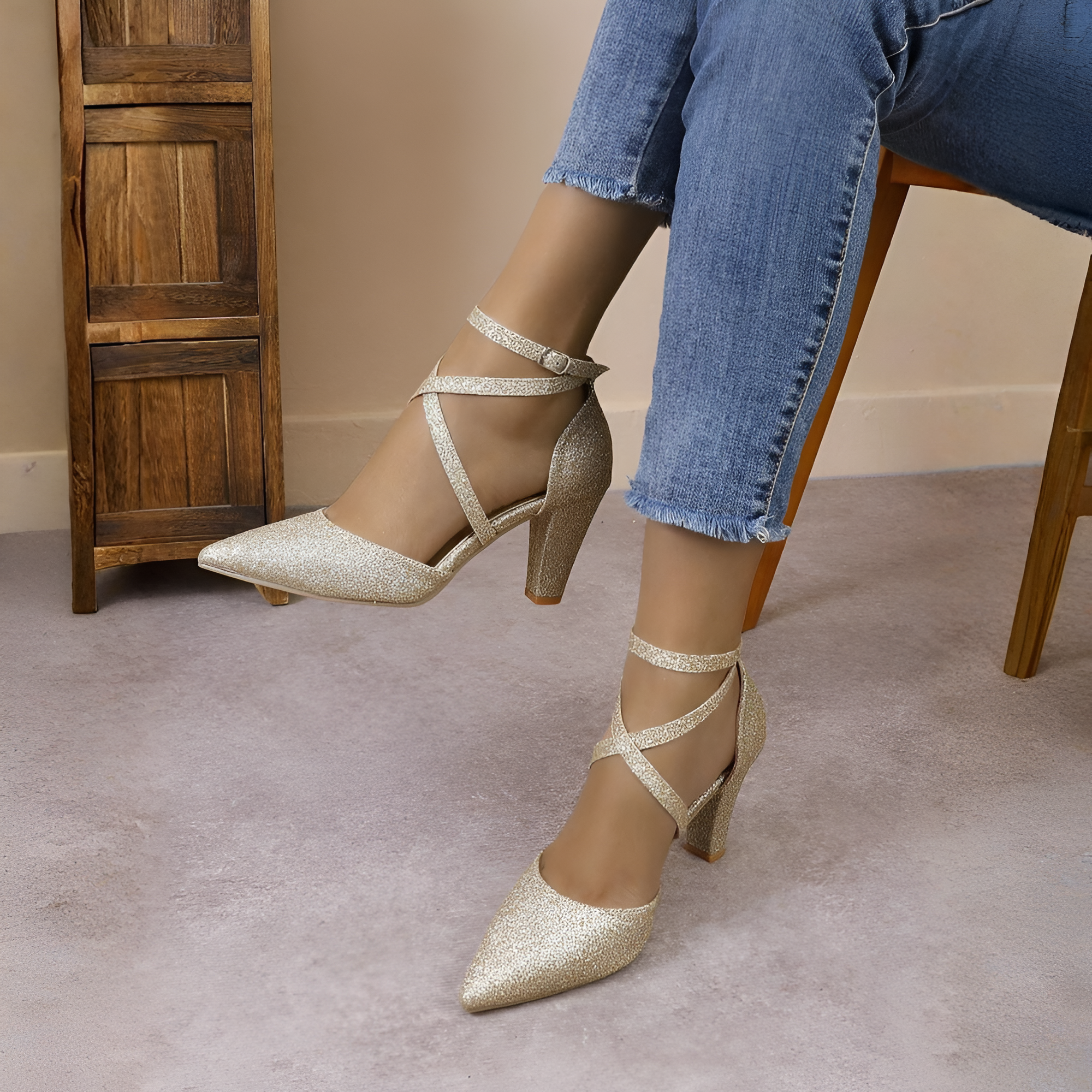 Pointed Strap Mid Base Dress Heel in Red - Heel Detail