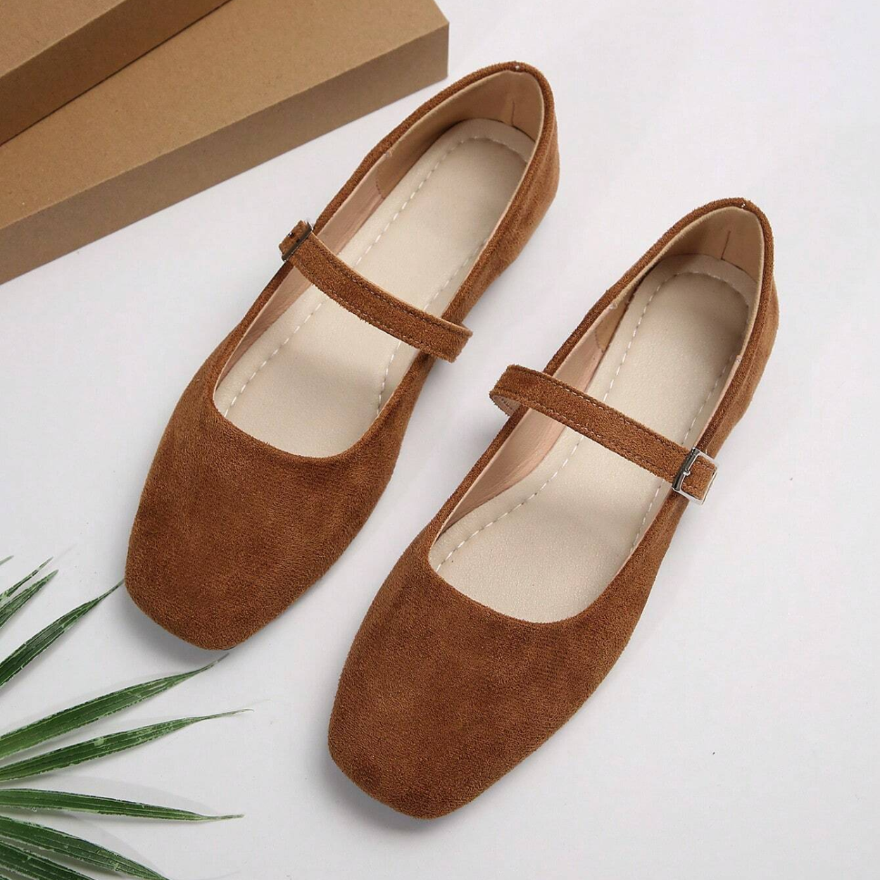 French Style Vintage Ballet Flats With Strap And Square Design in Khaki - Left Side