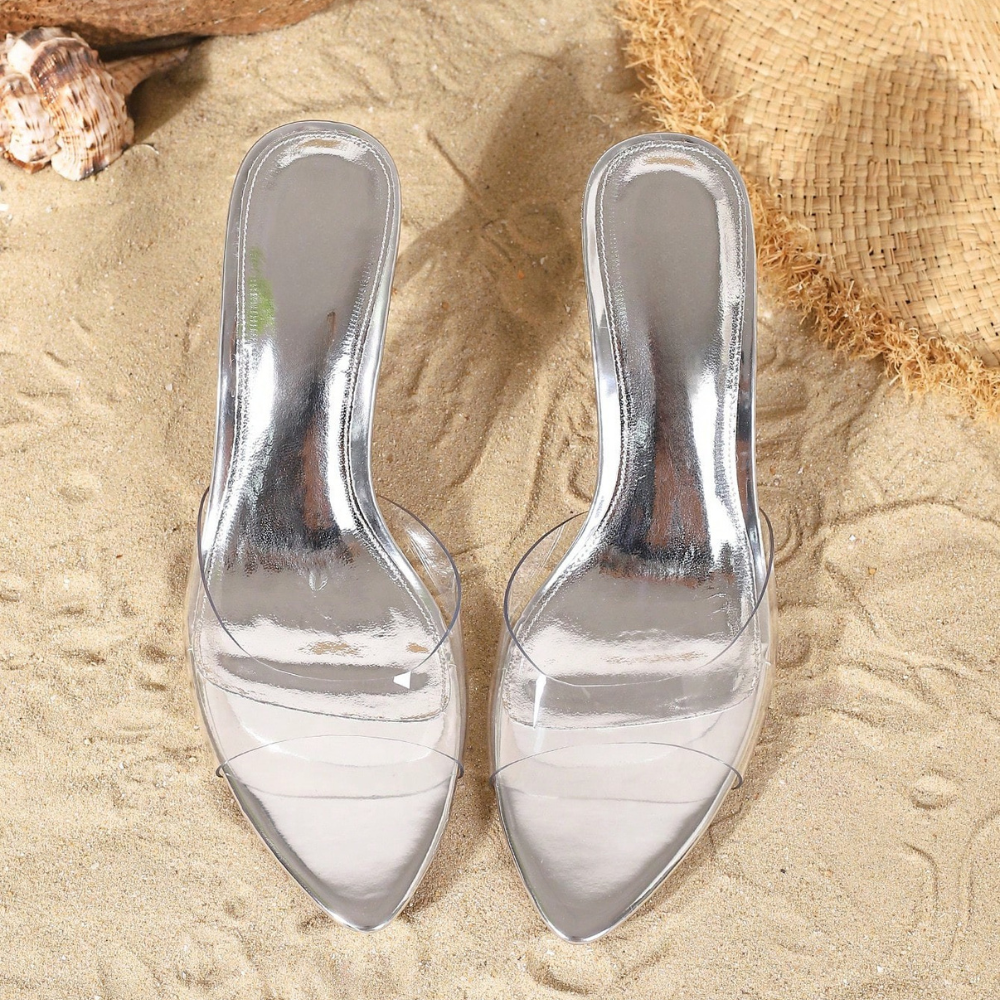 Transparent Strap Mule Sandals For Women in Silver - Top View