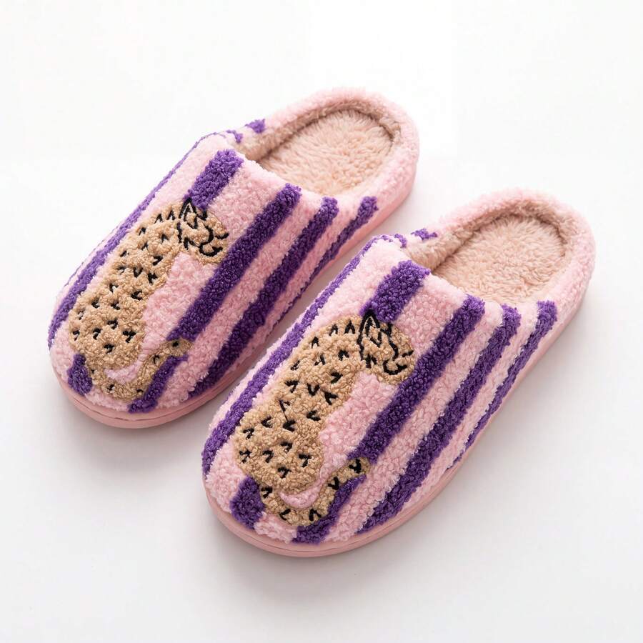 Retro Striped Embroidered Contrast Lined Indoor Slippers