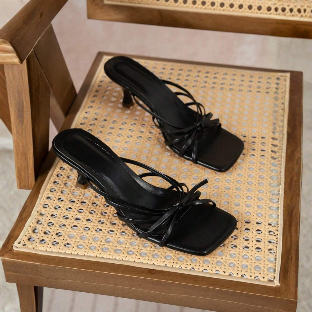 Criss Cross Strappy Kitten Mid Sandals in Black - Back View