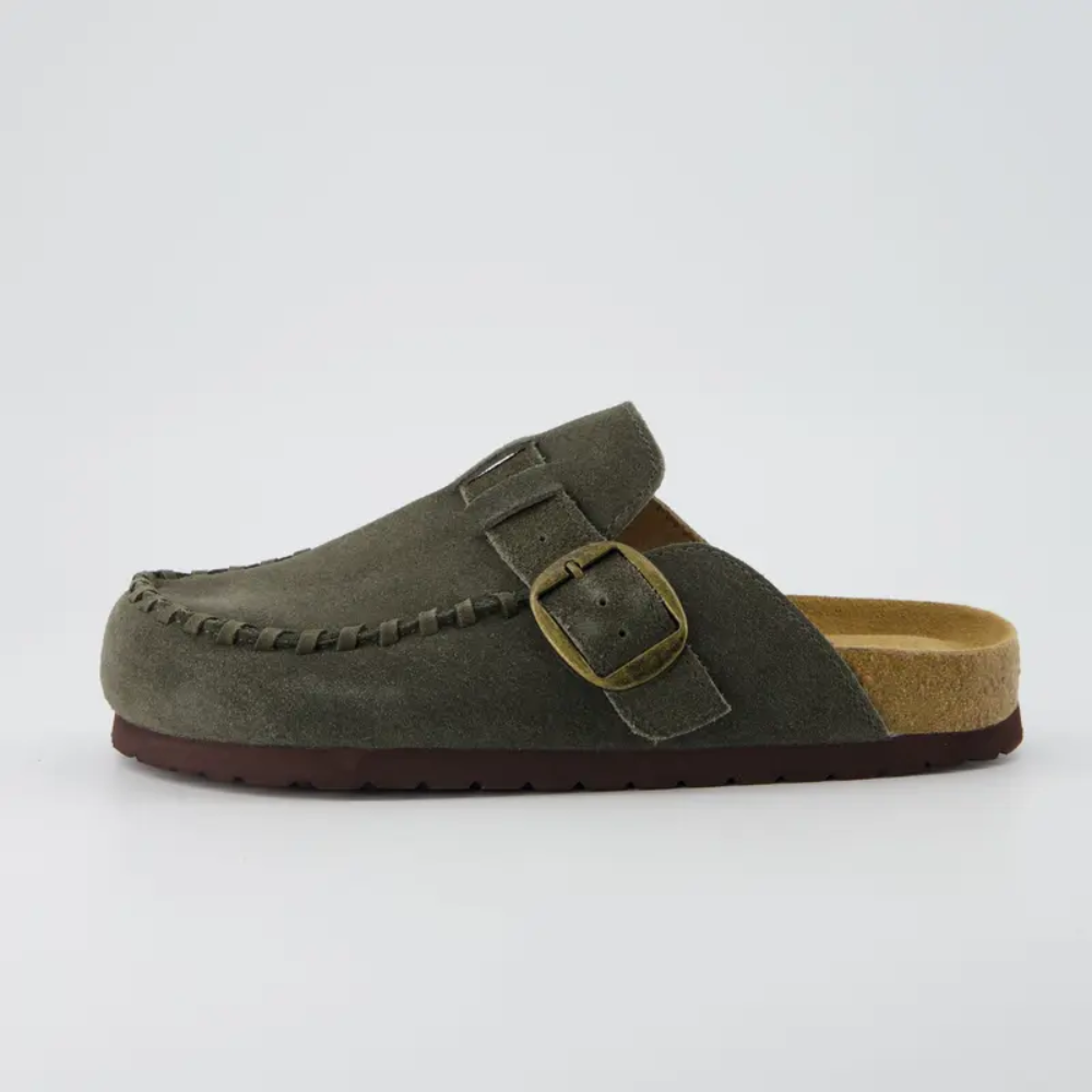 Women's Suede Leather Loafers - Indoor Outdoor in Khaki - Back View