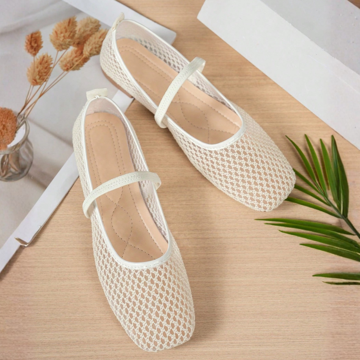Casual Hollow Mesh Flat Ballet Shoes For Women in White - Angled View