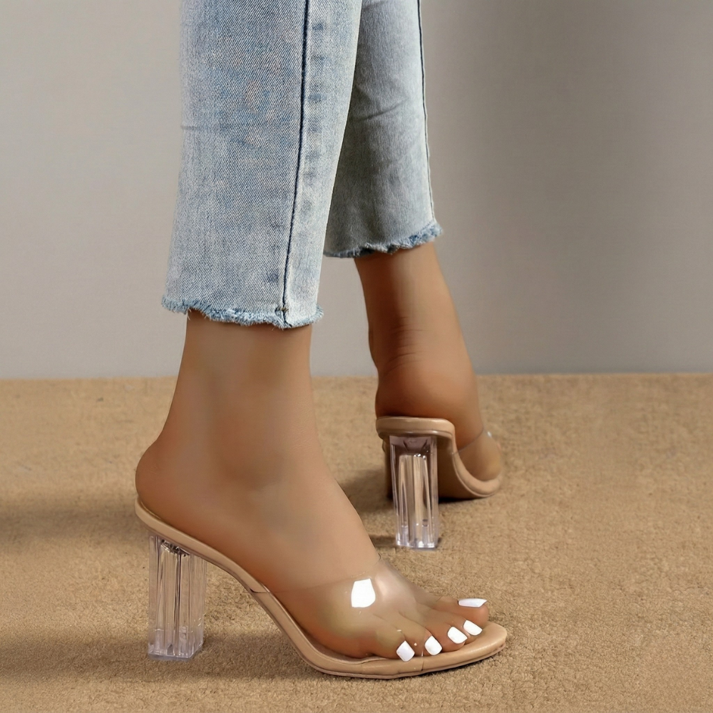 Crystal Clear Wide Strap Block Heel Sandals