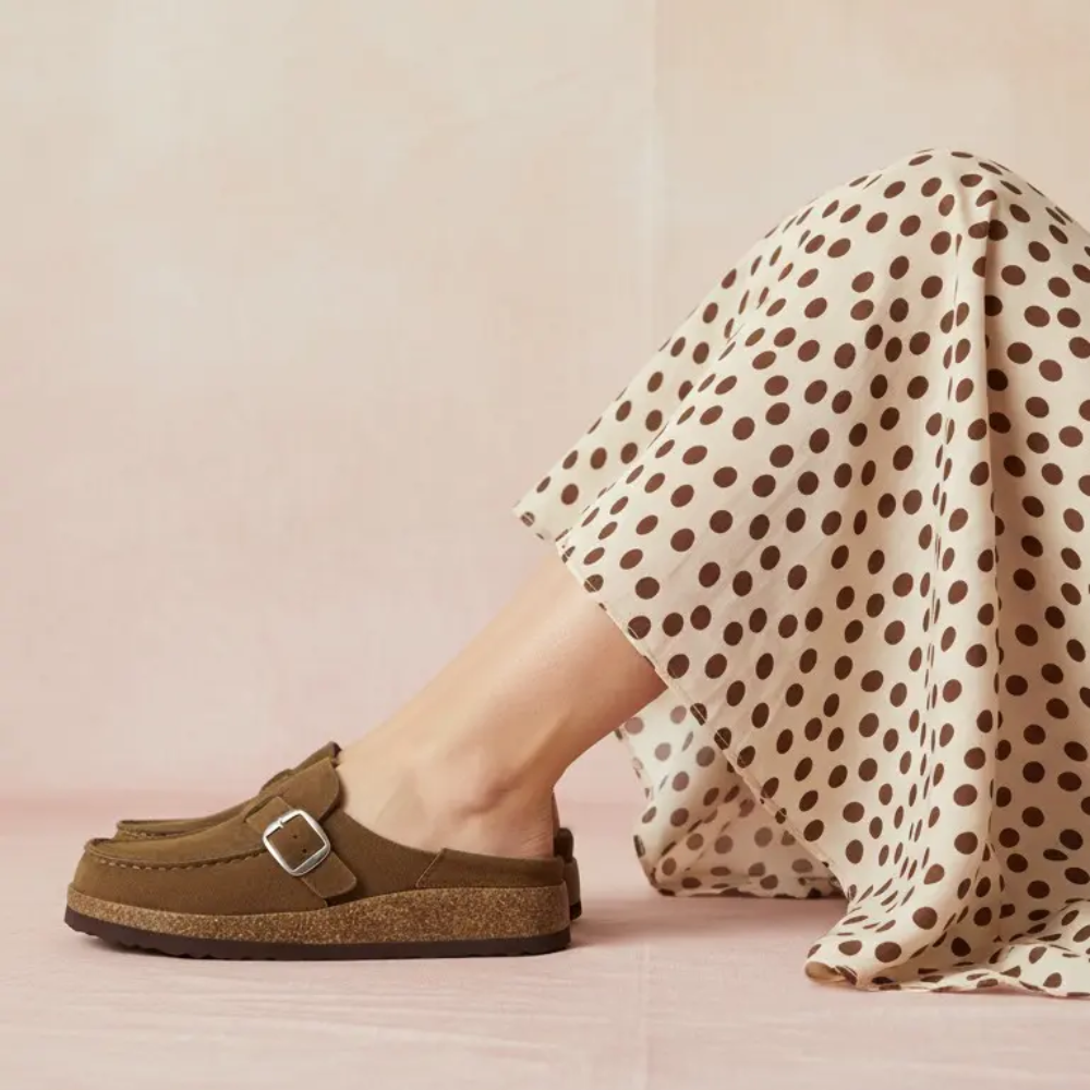 Women's Knit Suede Clogs - Cushioned Comfort in Beige - Right Side