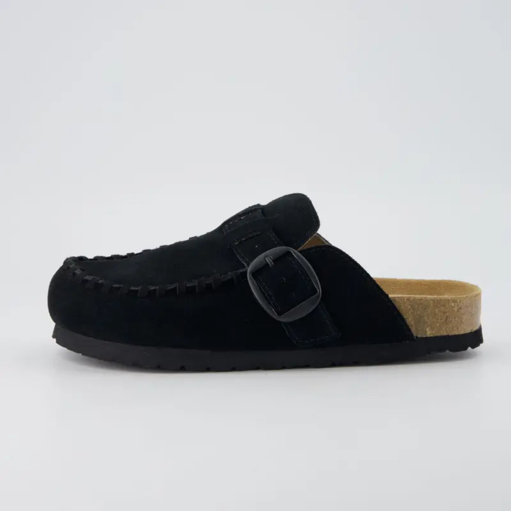 Women's Suede Leather Loafers - Indoor Outdoor in Black - Front View
