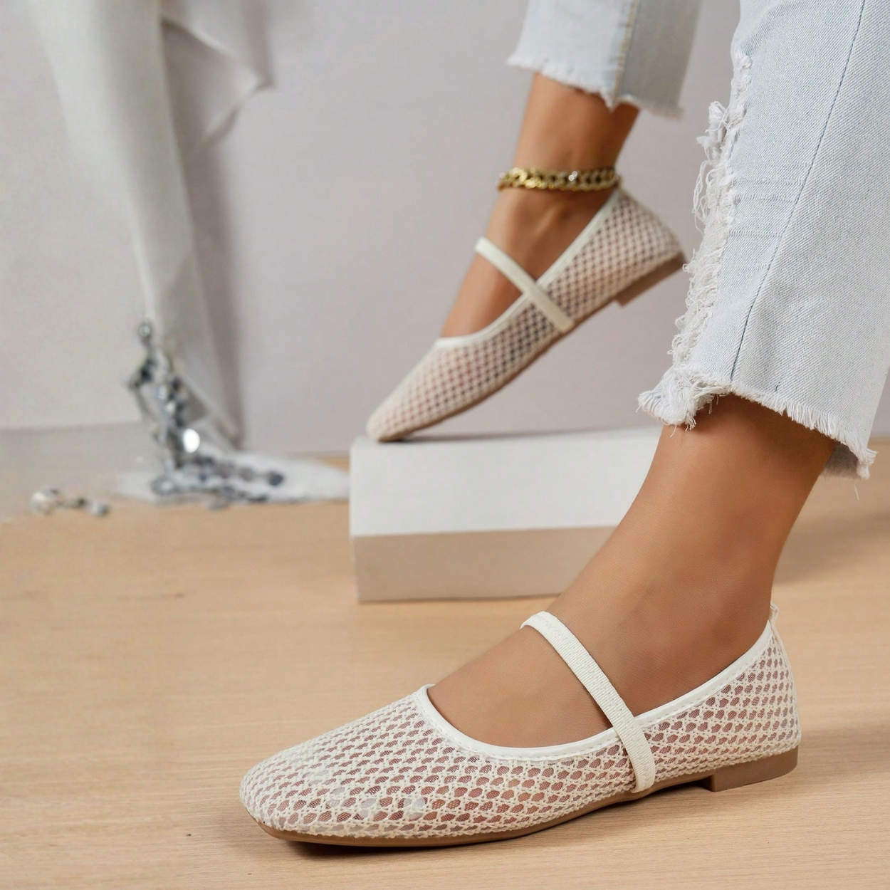 Casual Hollow Mesh Flat Ballet Shoes For Women in Black - On-Foot View