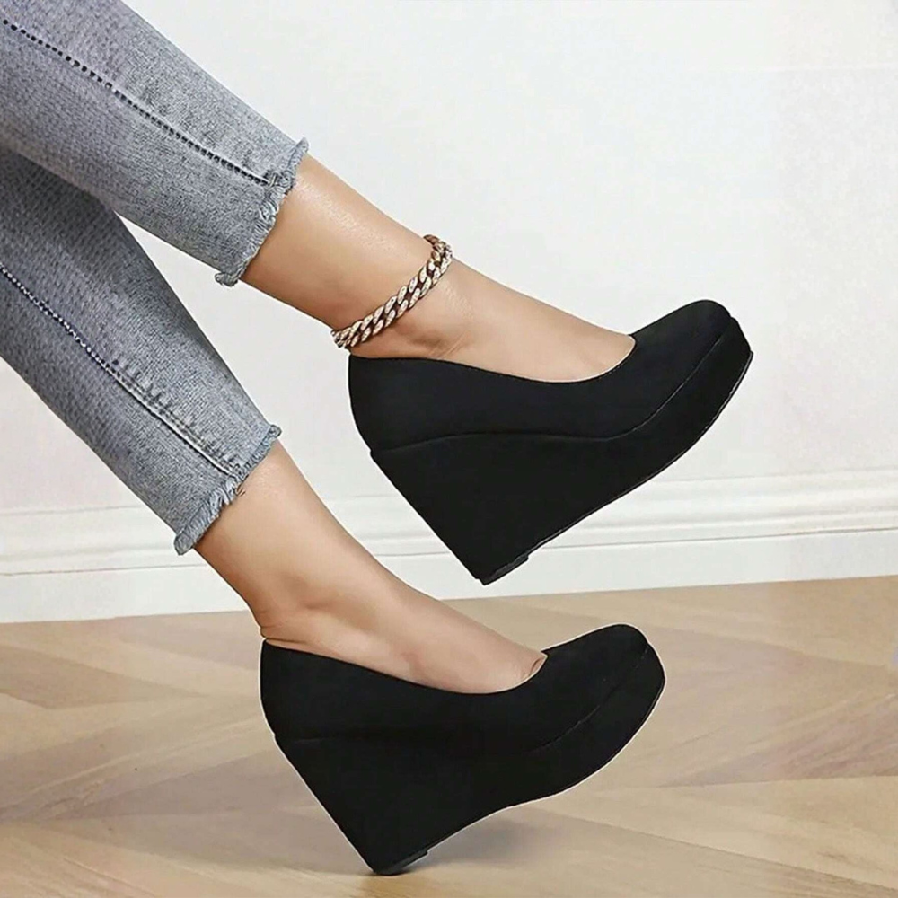 Round Front Suede Platform Court Heels - Front View