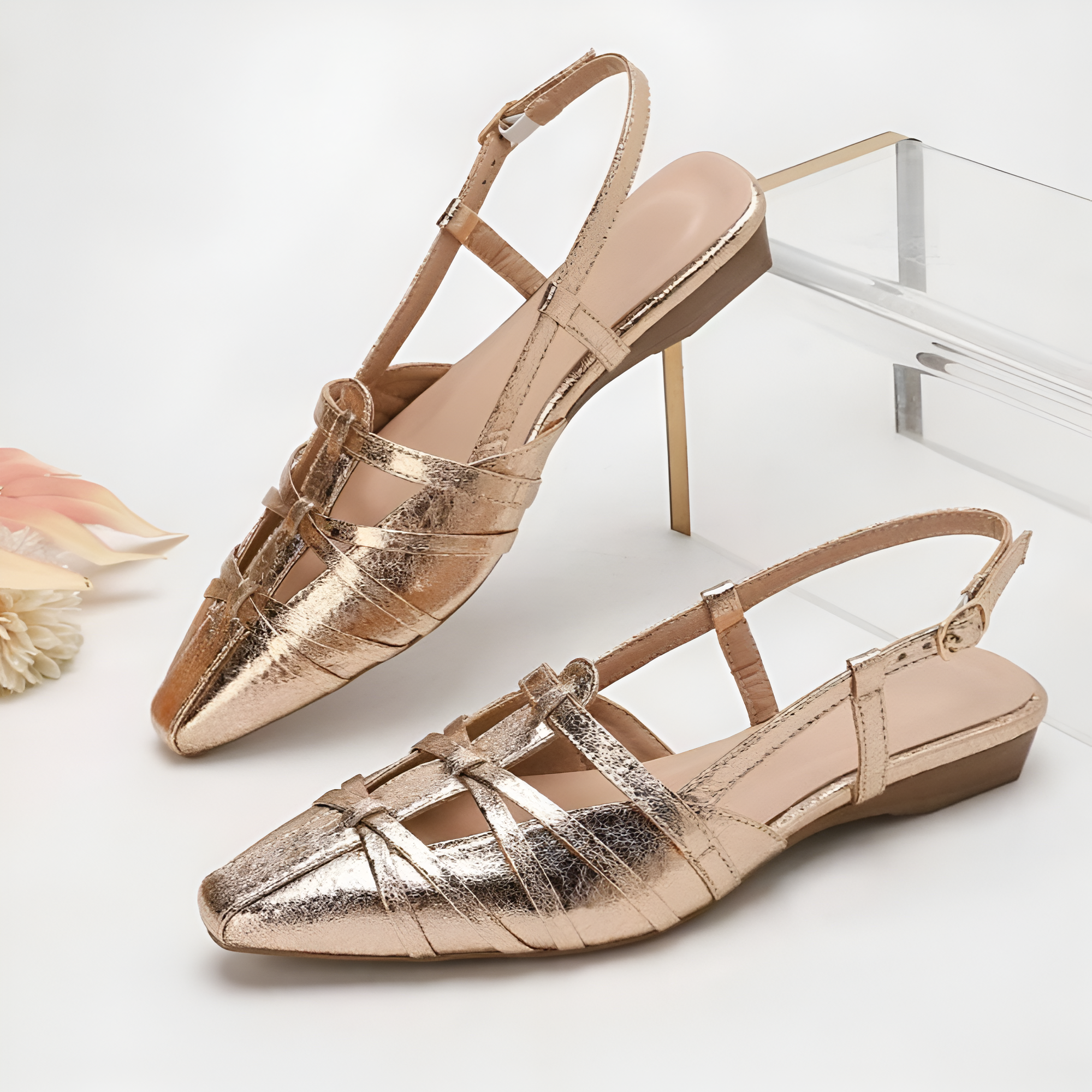 Criss Cross Strap Pointed Toe Low Heel Flats For Women