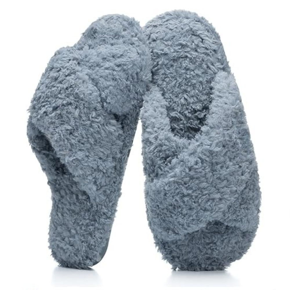 Women Fuzzy Memory Foam Cross Band Cozy Indoor Outdoor Slipper  