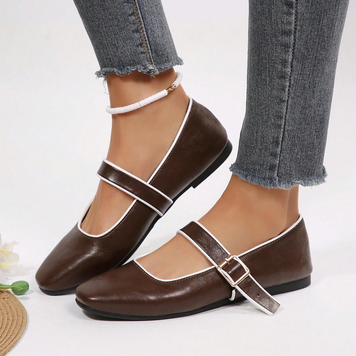Mary Jane Flats With Square Buckle Strap Shoes in Brown - Back View