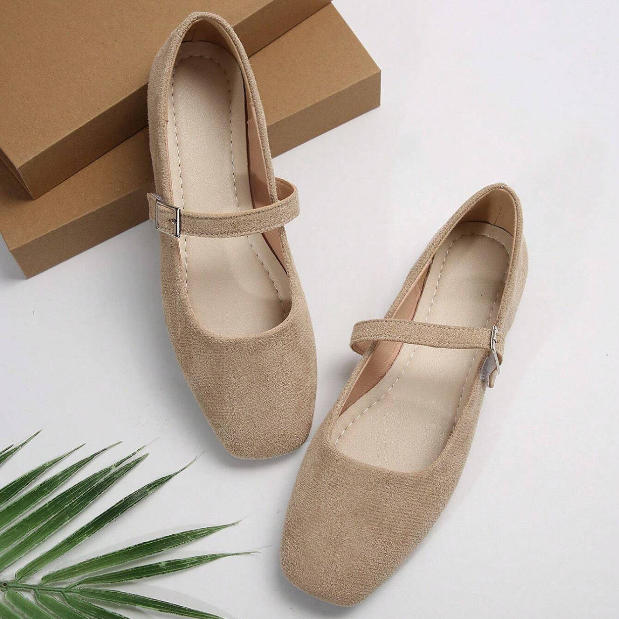 French Style Vintage Ballet Flats With Strap And Square Design in Brown - Top View