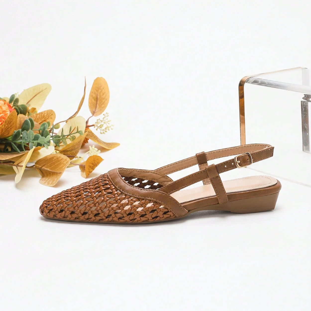 Criss Cross Strap Pointed Toe Low Heel Flats For Women in Brown - Top View