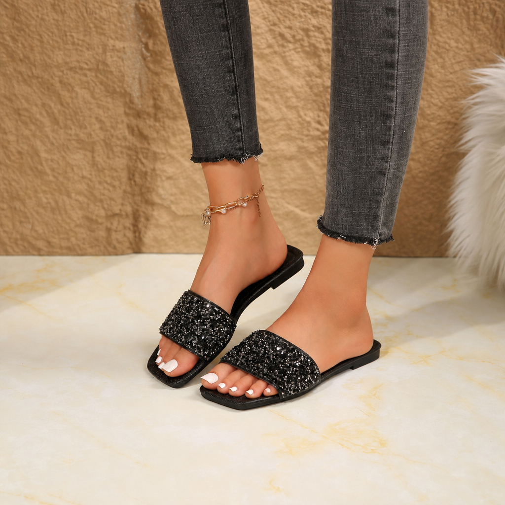 Pearl And Rhinestone Embellished Square Toe Slide Sandals for Women