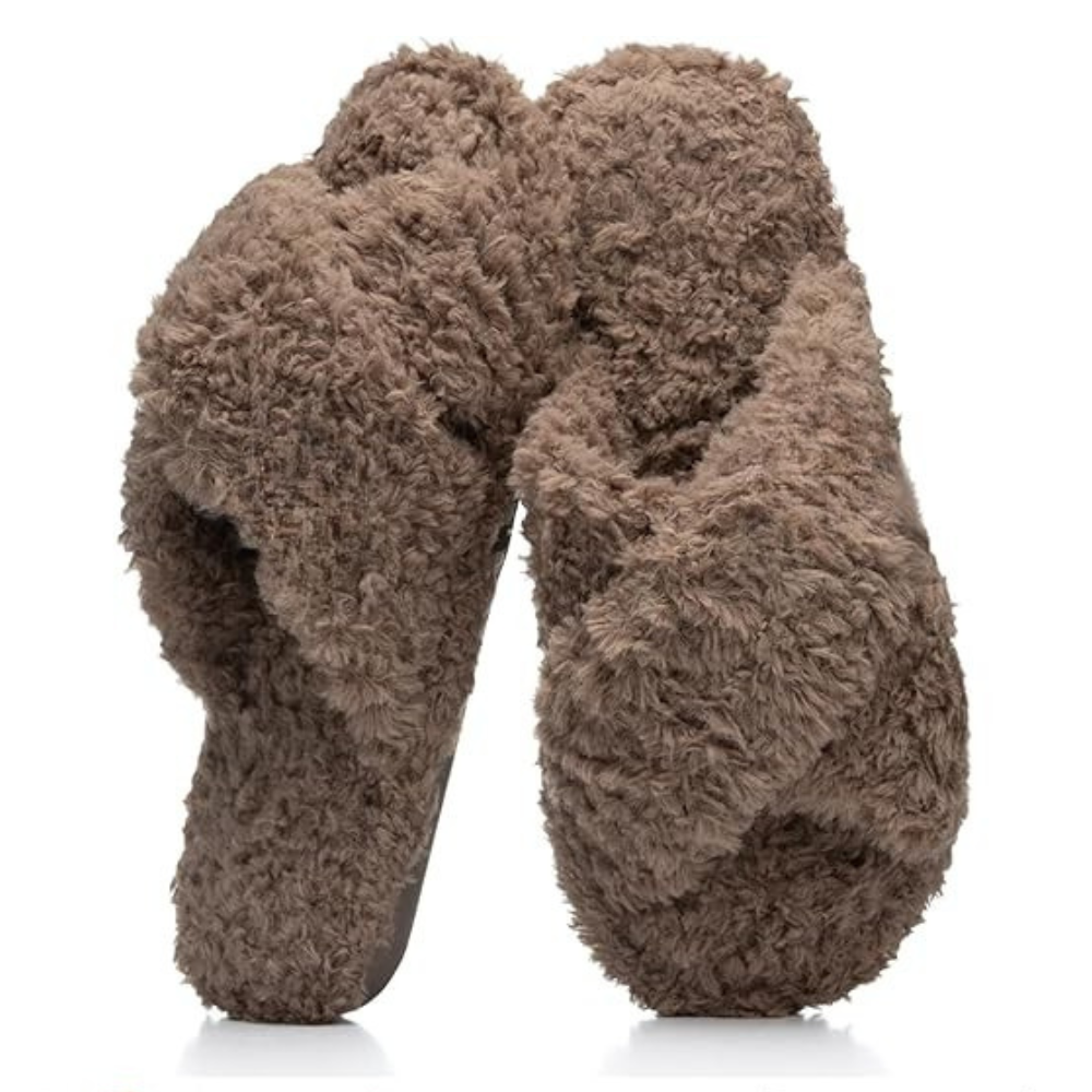 Women Fuzzy Memory Foam Cross Band Cozy Indoor Outdoor Slipper  