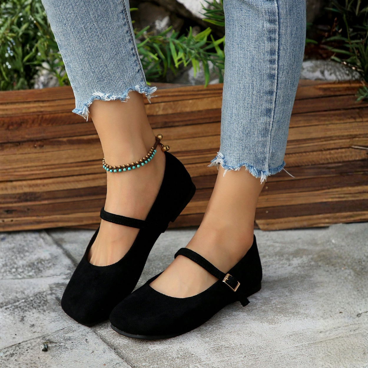 Casual Square Strap Ballet Flat Shoes For Women in Dark Brown - Angled View