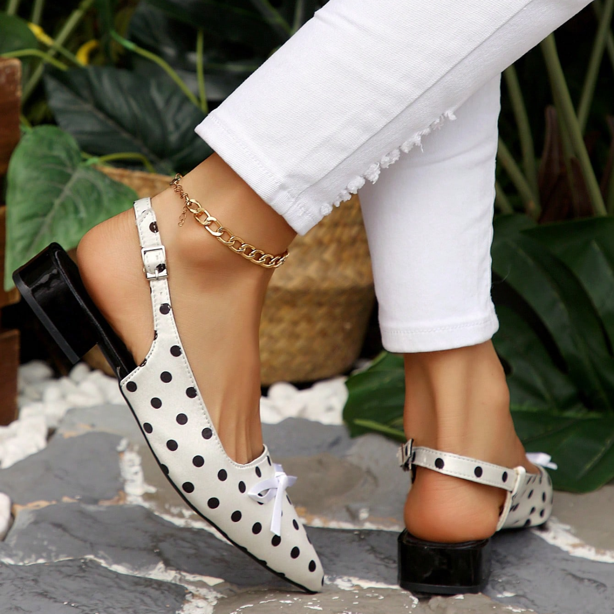 Elegant Polka Dot Pointed Toe Flats With Bow Slingback Design in Black - Top View