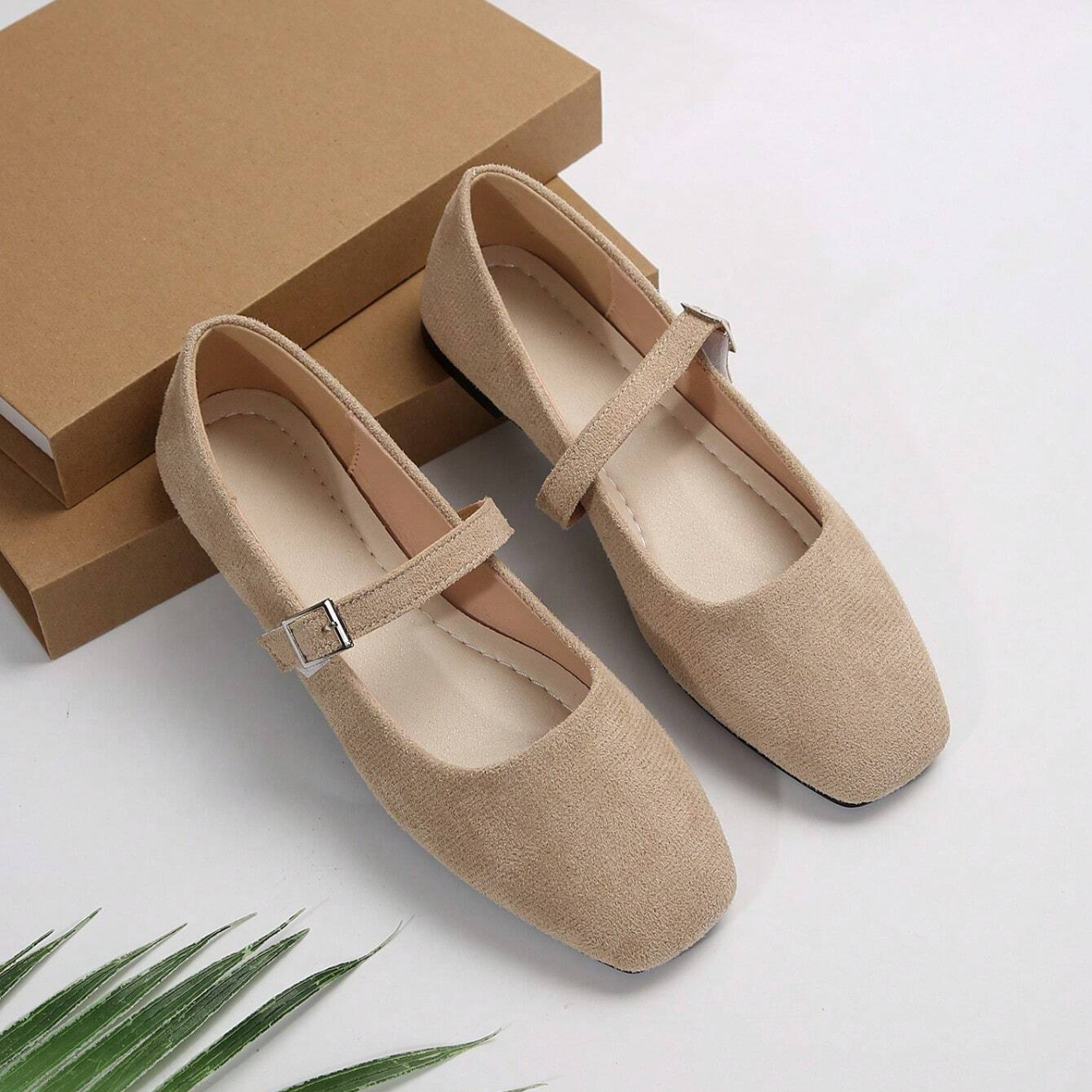 French Style Vintage Ballet Flats With Strap And Square Design in Beige - Side View