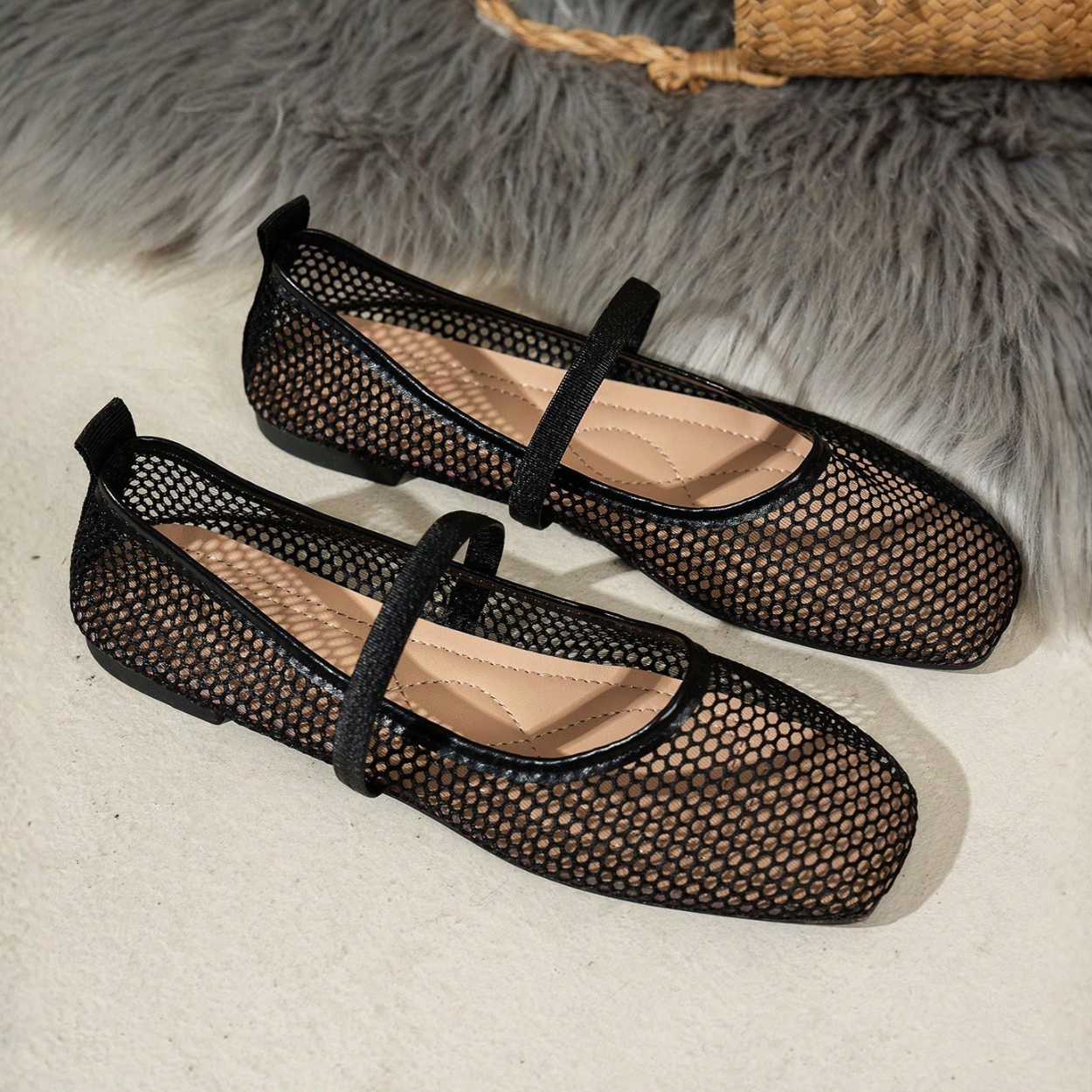 Casual Hollow Mesh Flat Ballet Shoes For Women in White - Side View