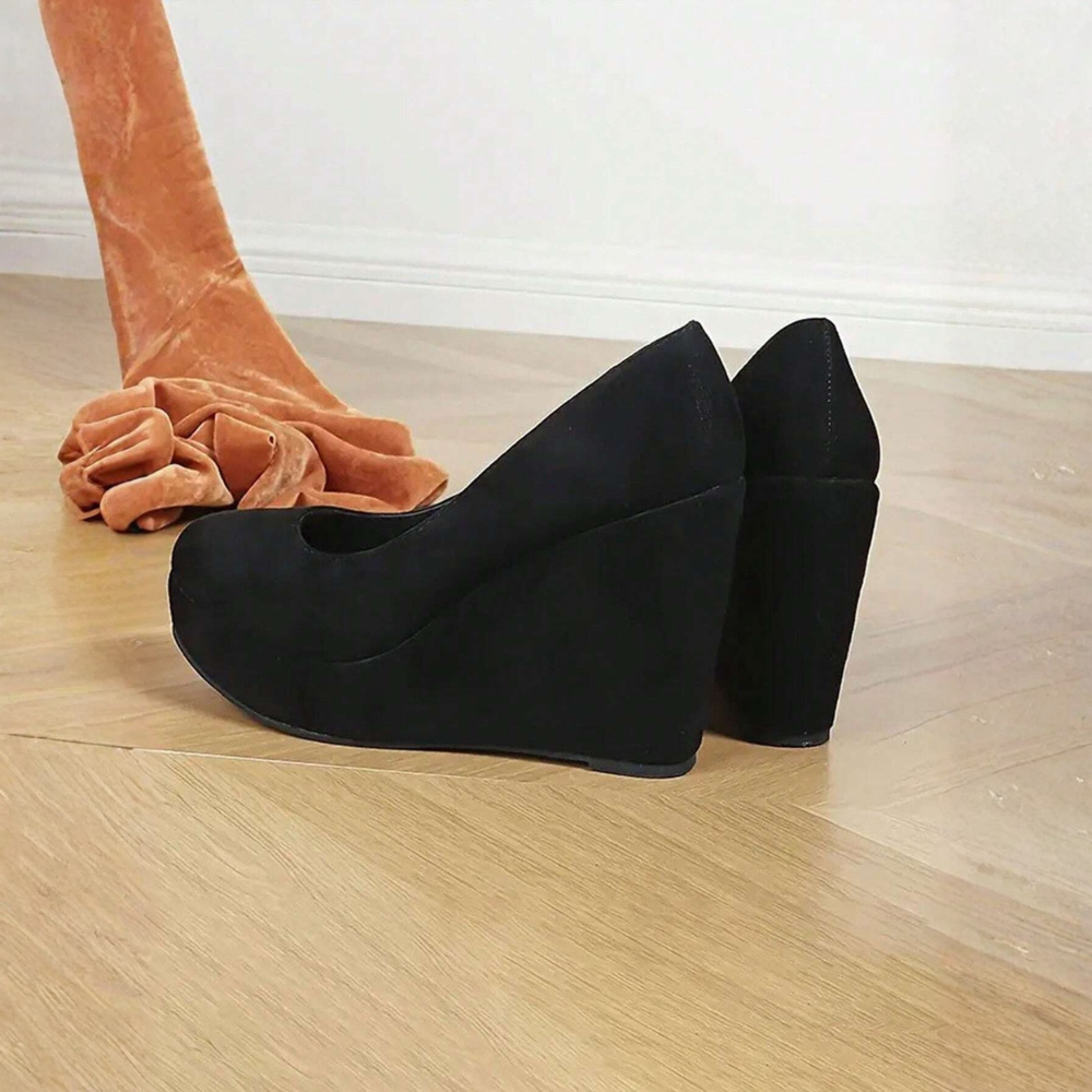 Round Front Suede Platform Court Heels - Side View