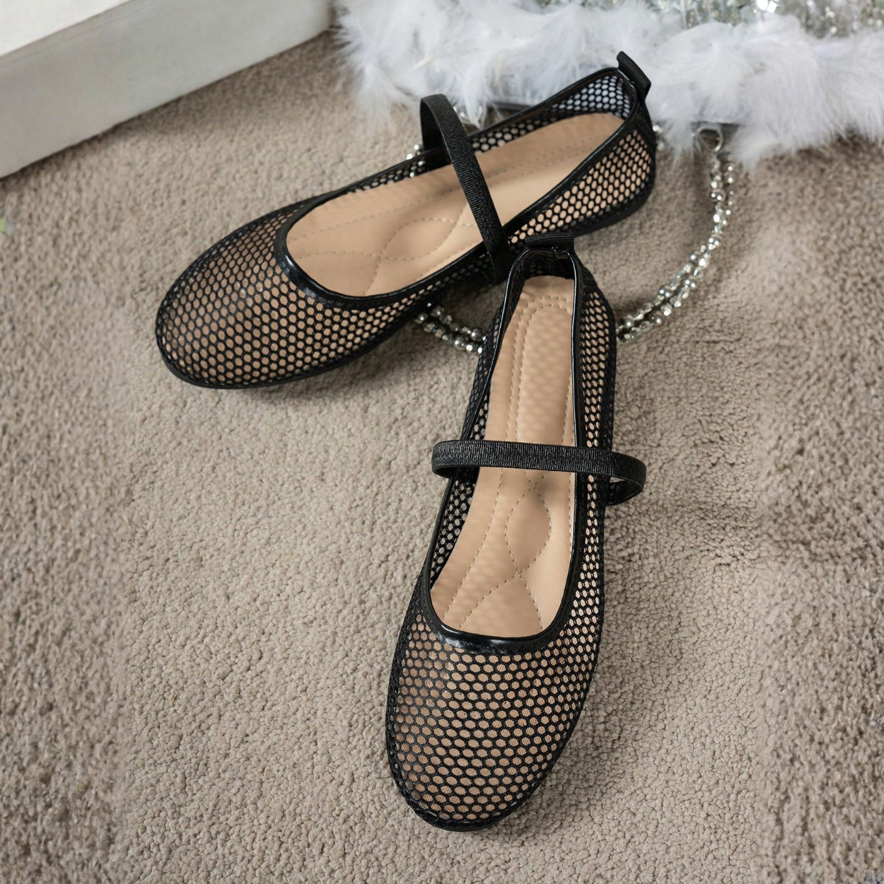 Lightweight Hollow Ballet Flats With Mesh Design For Women in Black - Front View