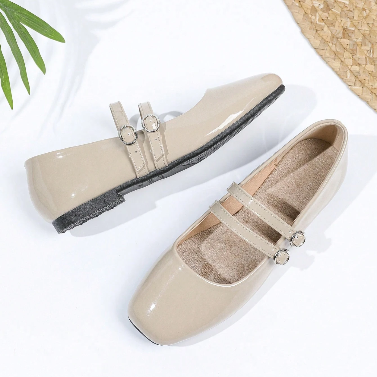 Vintage Mary Jane Inspired Flats With Double Strap For Women in Khaki - Top View