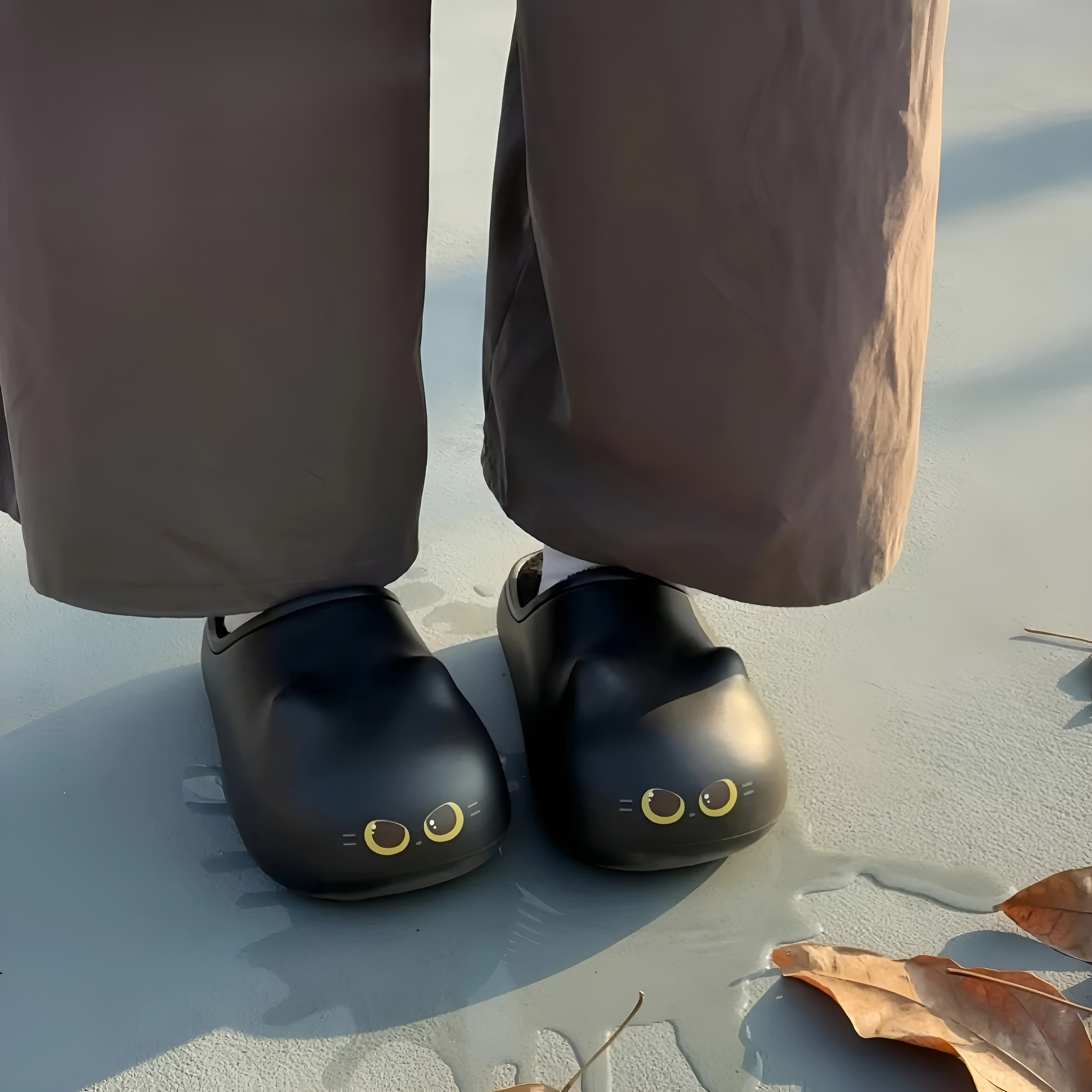 Women's Cat Themed Plush Slippers - Warm House Shoes in Black - Close-Up Detail