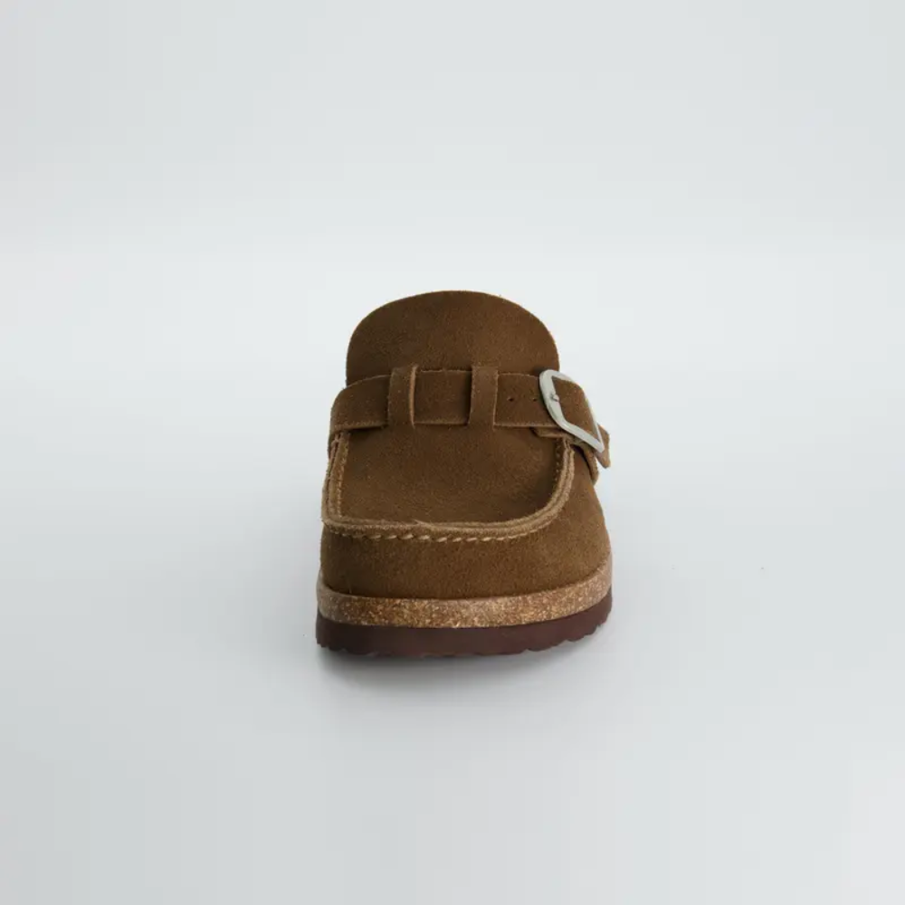 Women's Knit Suede Clogs - Cushioned Comfort in Brown - Angled View