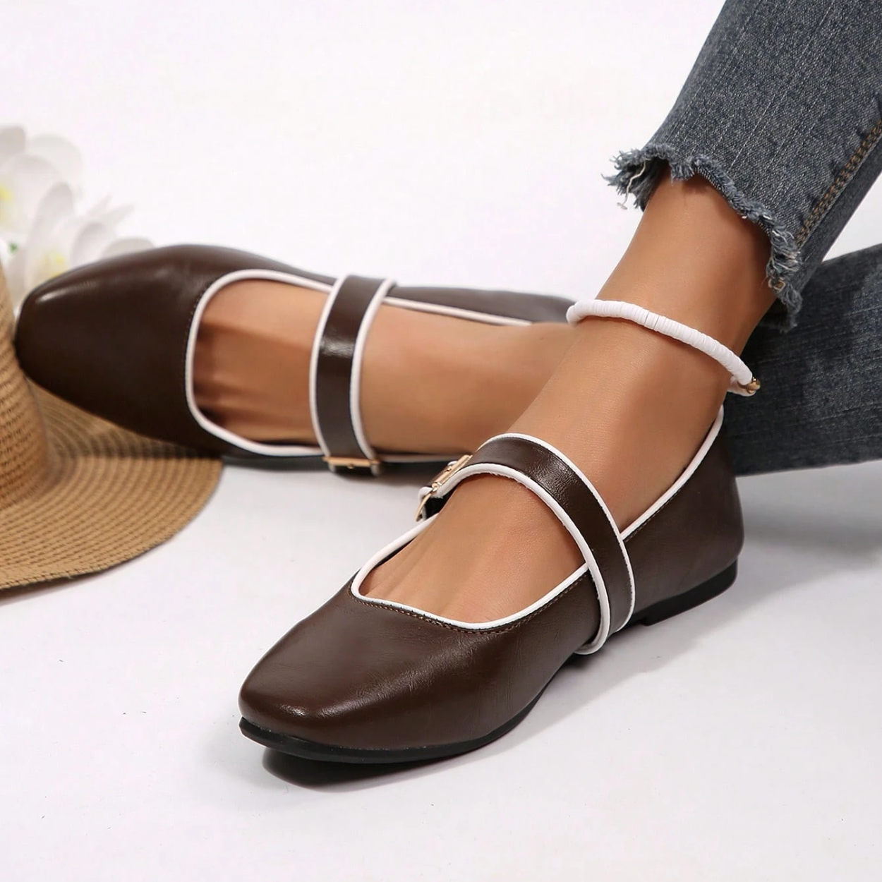 Mary Jane Flats With Square Buckle Strap Shoes in Brown - Close-Up Detail