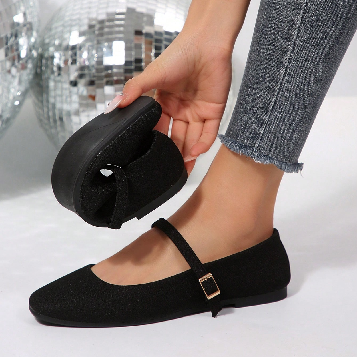 Stylish Ballet Flats Shoes With Buckle Strap And Soft Sole in Brown - Close-Up Detail