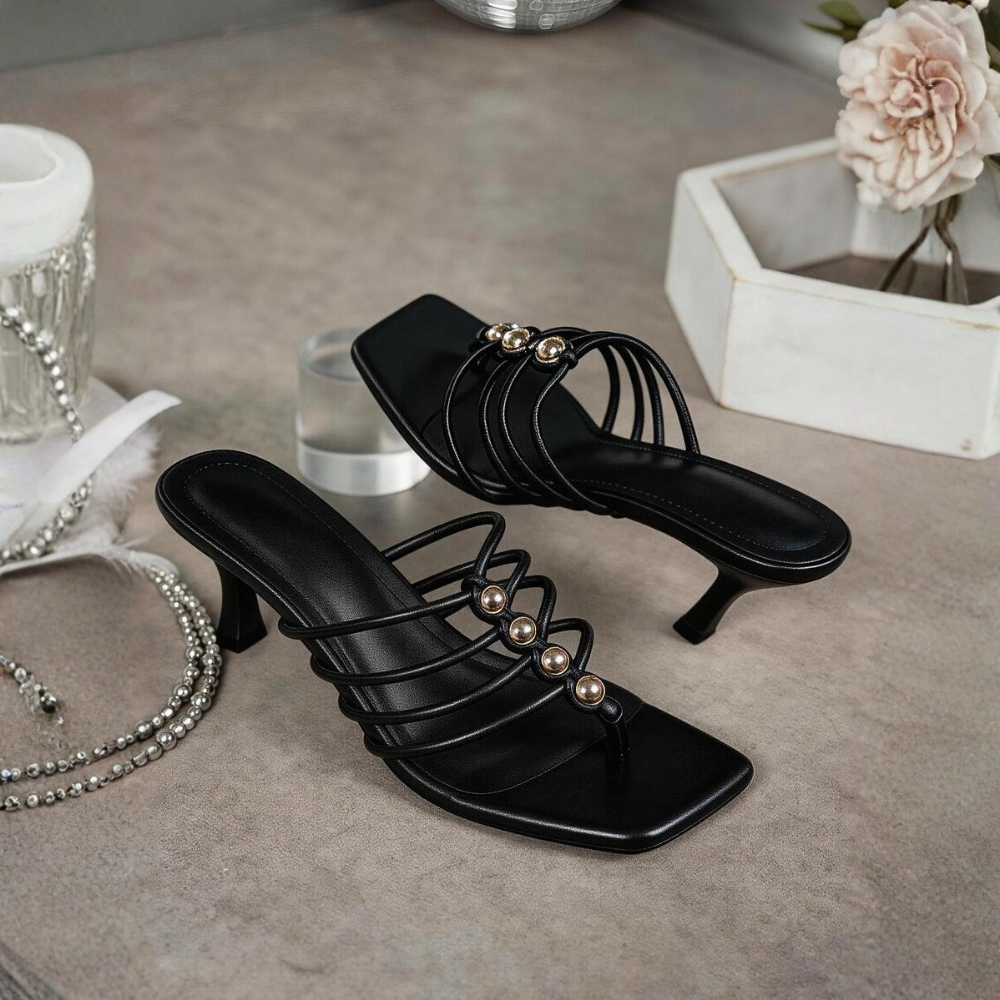 Criss Cross Multi Strap Stiletto Style Slip On Sandals in White - Angled View