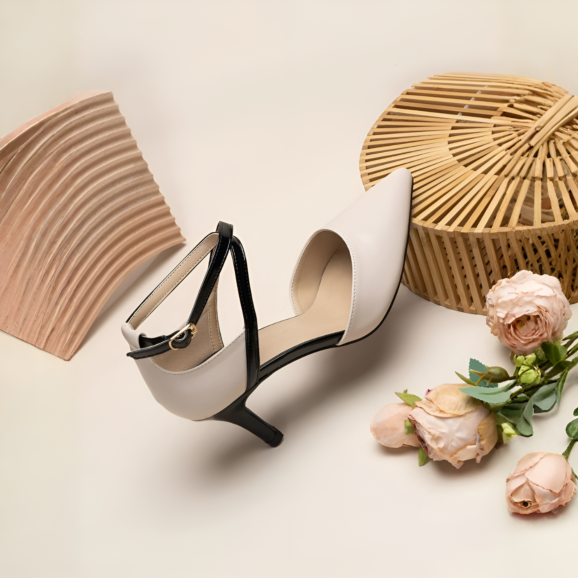 Pointed Contrast Strap Mid Base Heel - Close-Up Detail