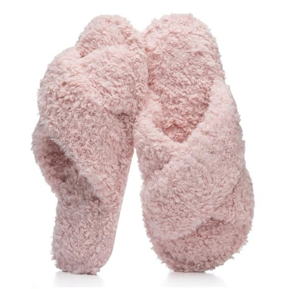 Women Fuzzy Memory Foam Cross Band Cozy Indoor Outdoor Slipper  