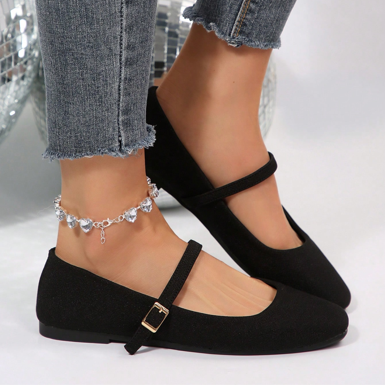 Stylish Ballet Flats Shoes With Buckle Strap And Soft Sole in Charcoal - Top View