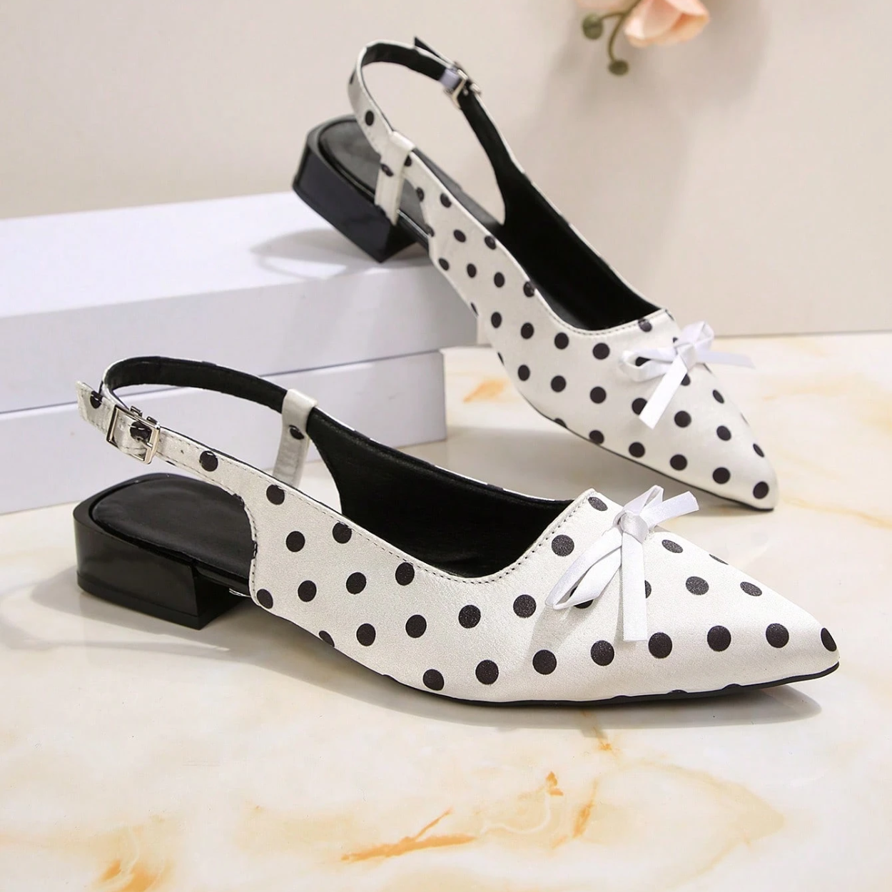Elegant Polka Dot Pointed Toe Flats With Bow Slingback Design in White - Front View