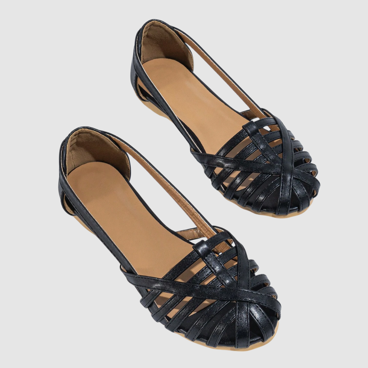 Woven Detail Open Flat Shoes For Women in Brown - On-Foot View