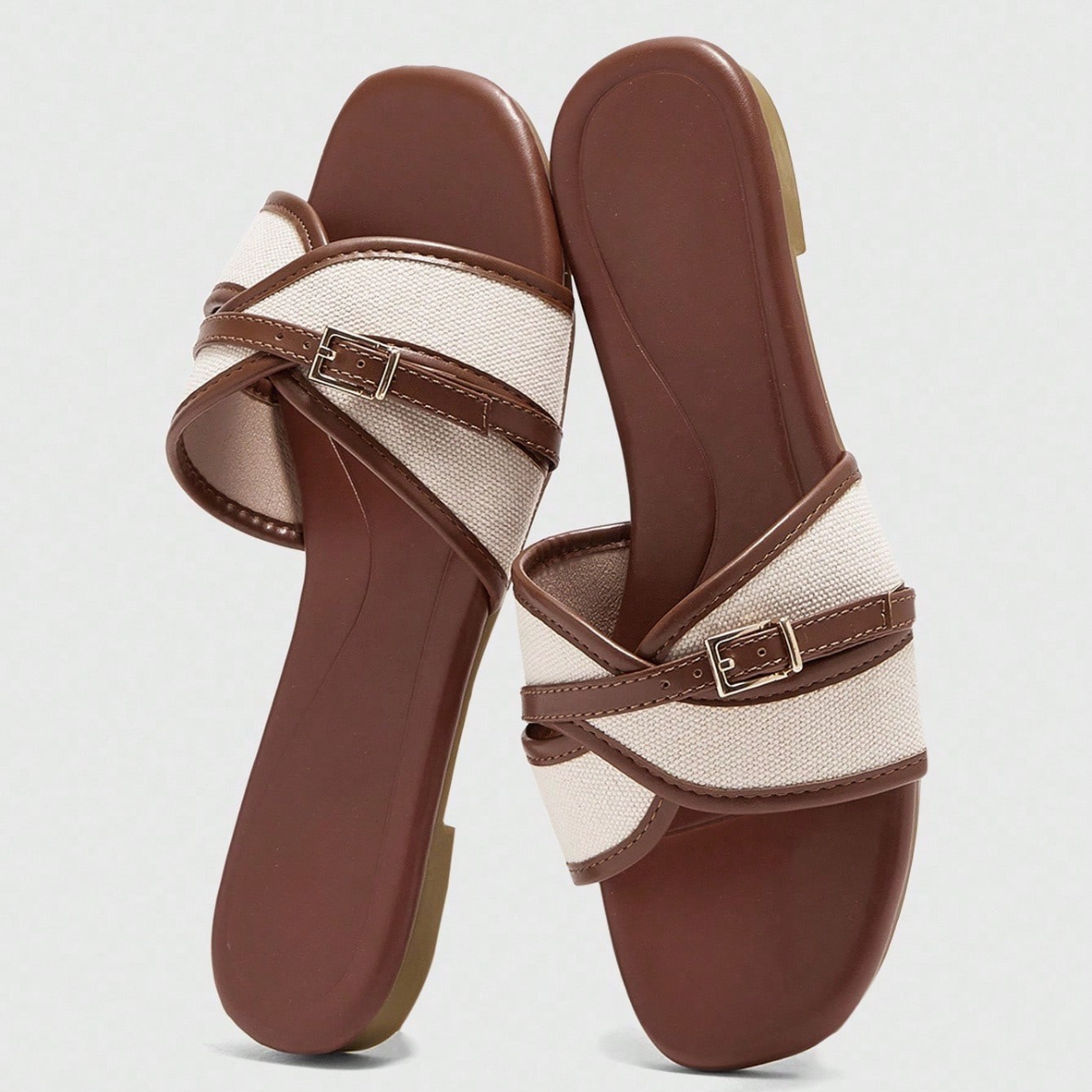 Flat Slide Sandals with Buckle Strap for Women in Green - Back View