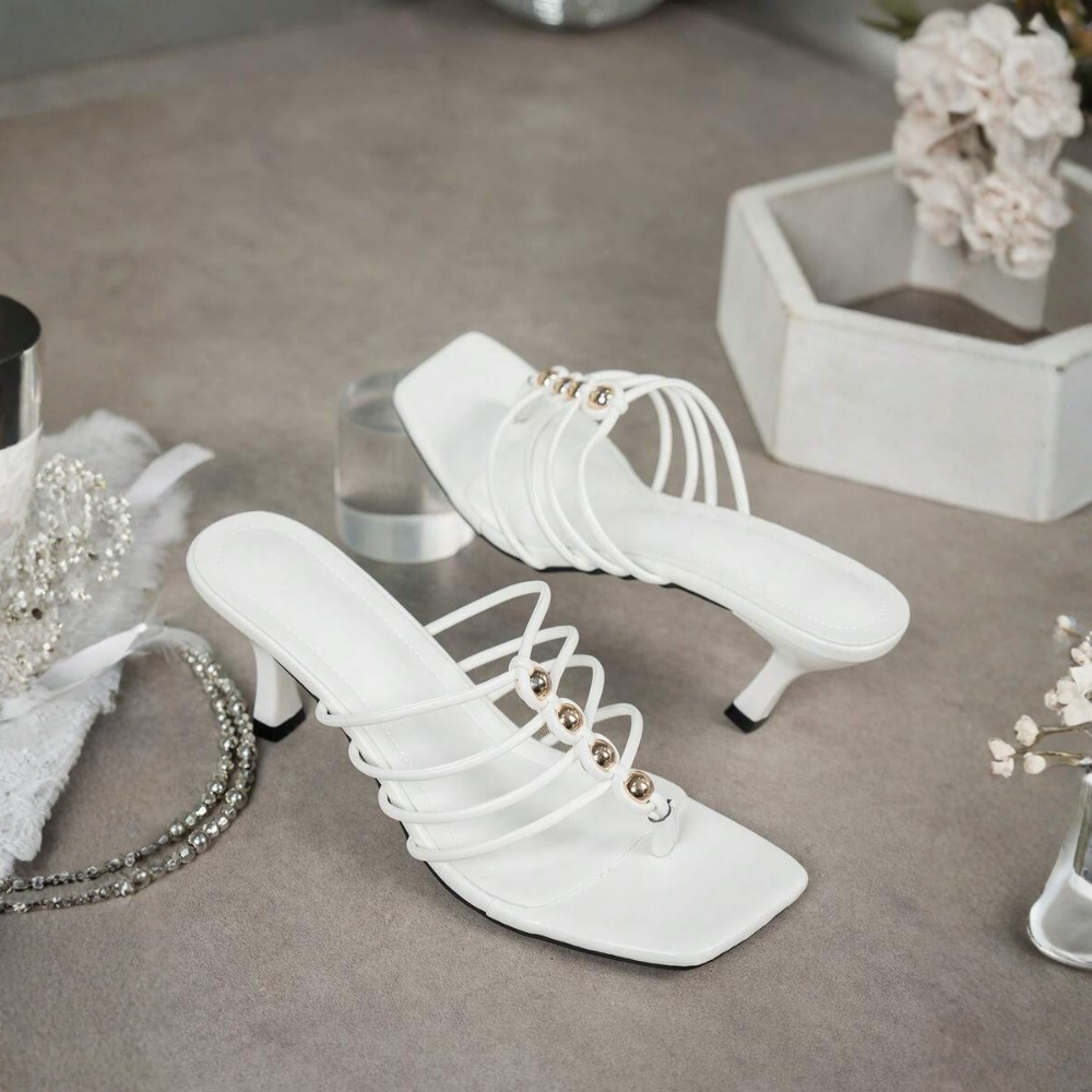 Criss Cross Multi Strap Stiletto Style Slip On Sandals in Golden - On-Foot View