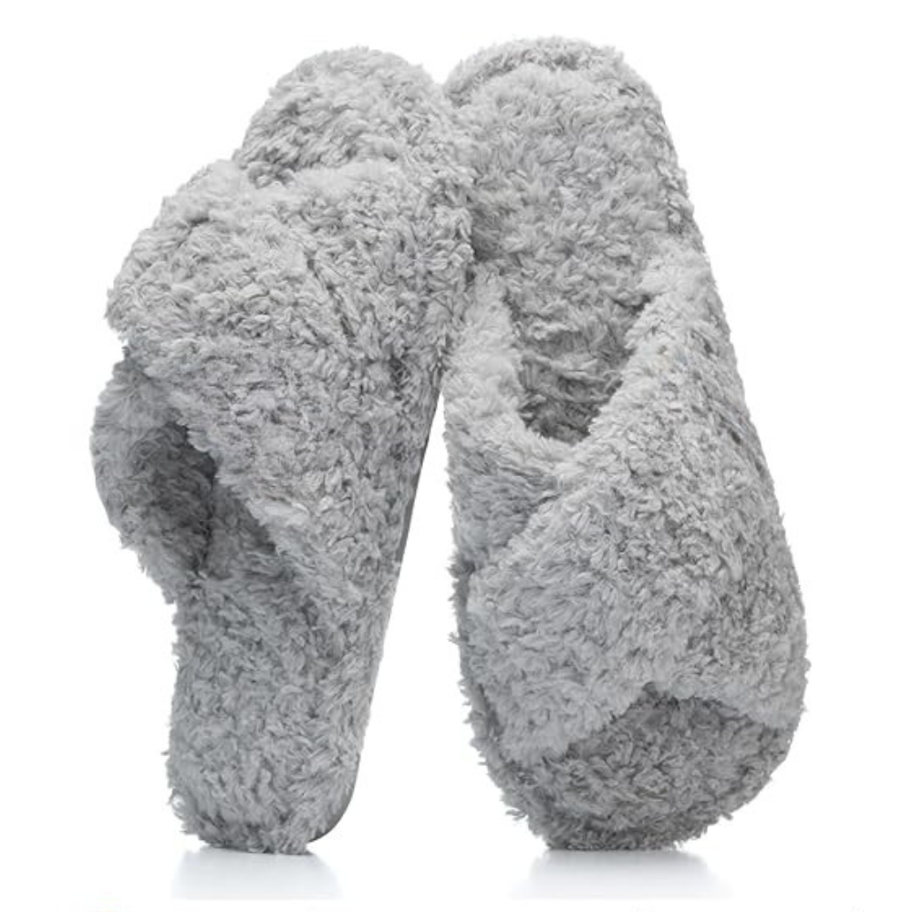 Women Fuzzy Memory Foam Cross Band Cozy Indoor Outdoor Slipper  