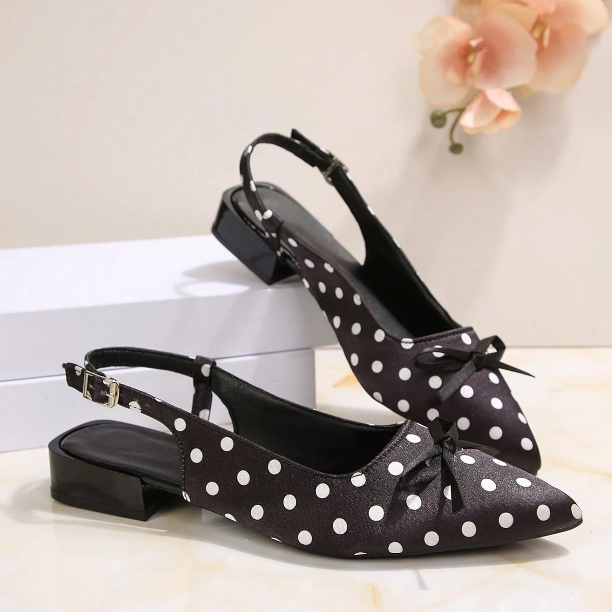 Elegant Polka Dot Pointed Toe Flats With Bow Slingback Design in Black - Sole Detail