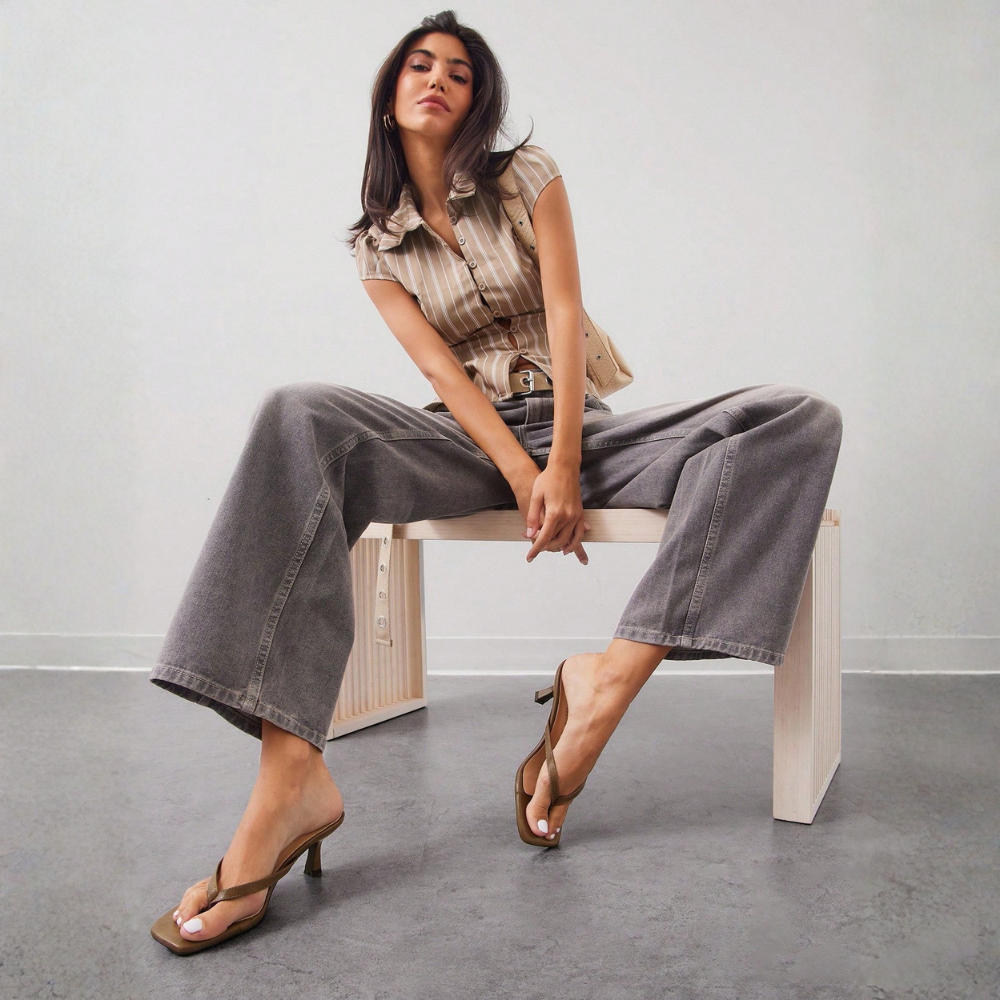 Stylish Thong Strap Kitten Style Slip On Sandals For Women in Olive - Lifestyle Shot