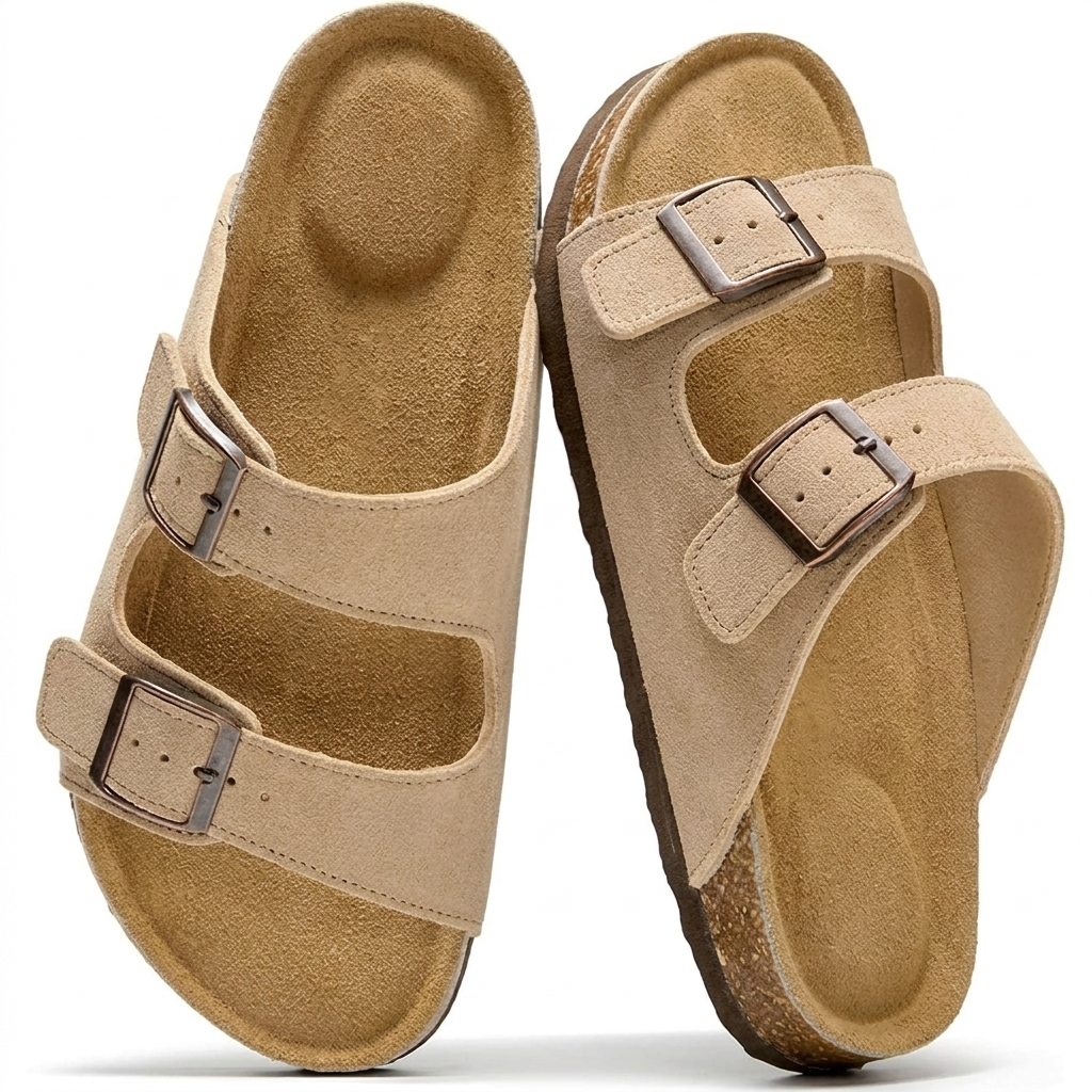 Women Genuine Flat Cork Footbed Memory Foam Sandals 