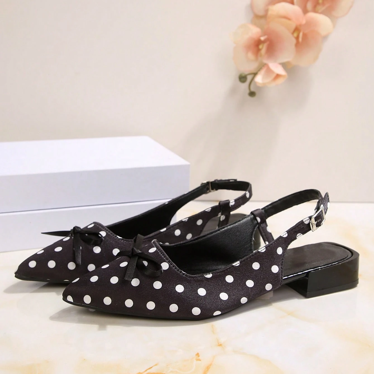 Elegant Polka Dot Pointed Toe Flats With Bow Slingback Design in White - Strap Detail