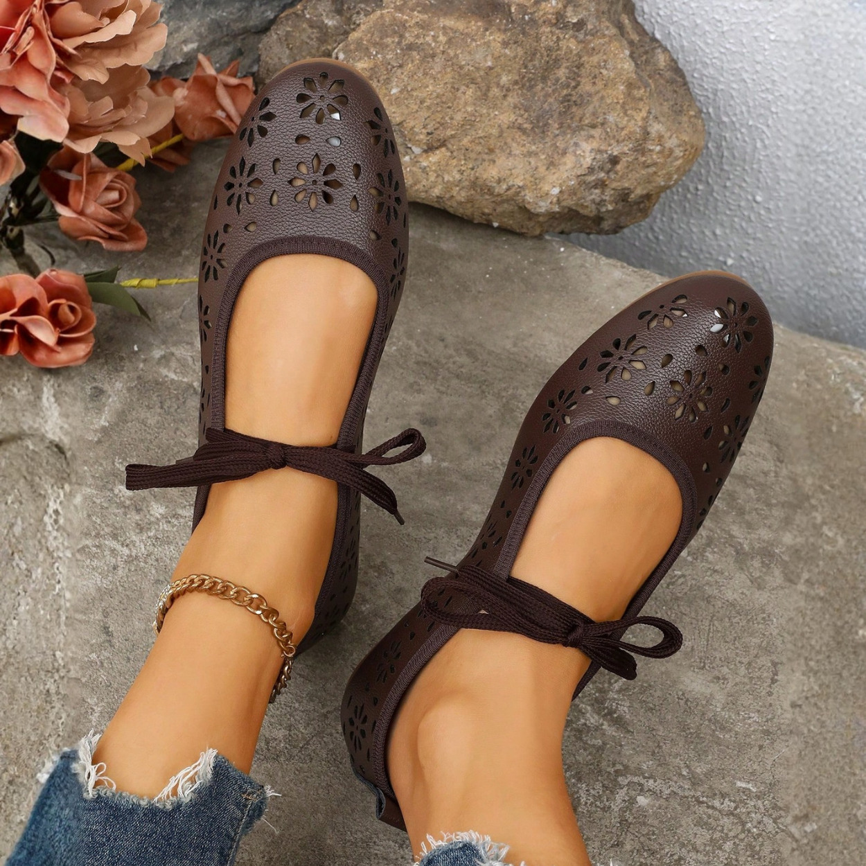 Lace Up Flats With Bow Detail Casual Shoes in Beige - Left Side