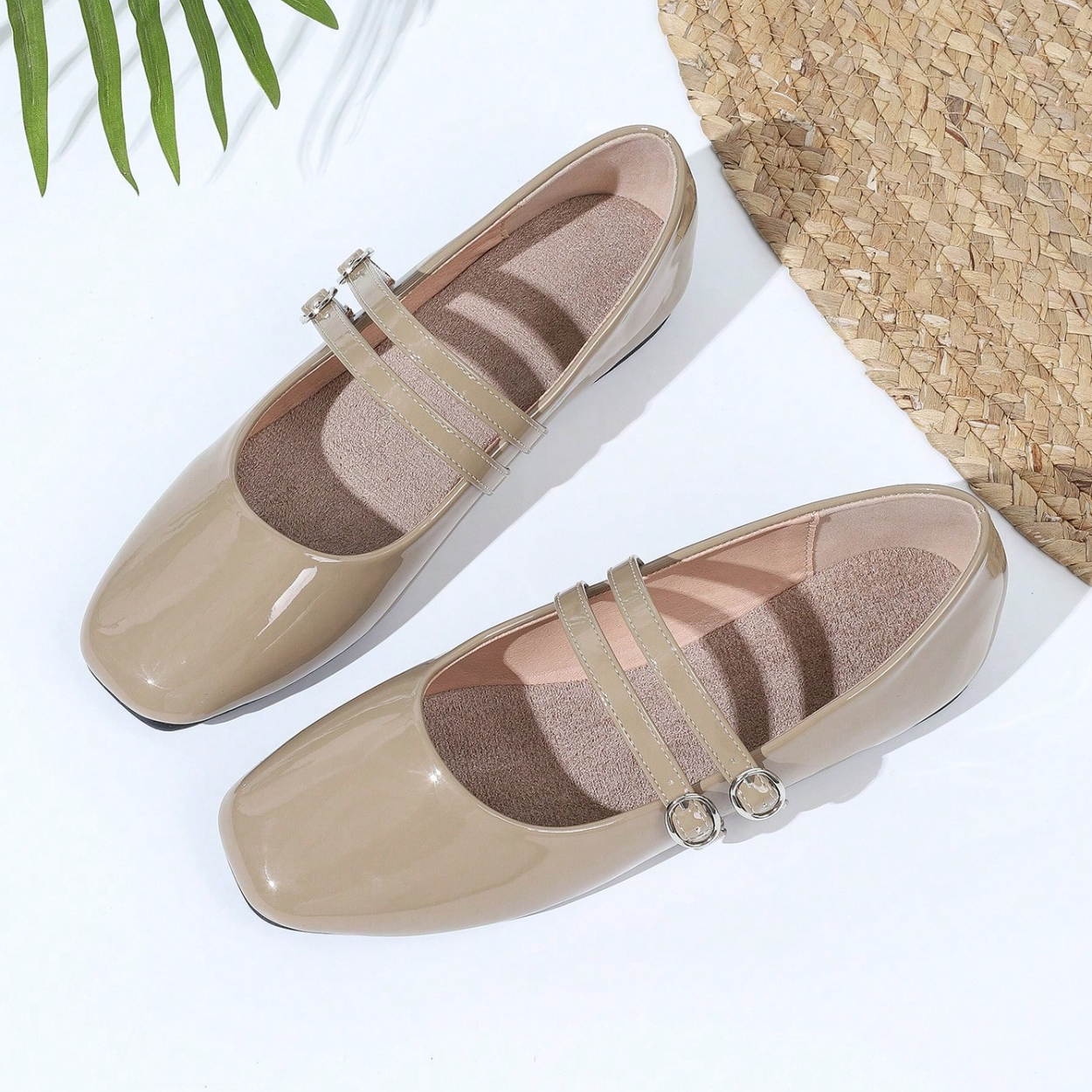 Vintage Mary Jane Inspired Flats With Double Strap For Women in Beige - Left Side